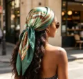 Green satin square scarf for women, elegant chain print headscarf and chic hair accessory. - 90x90cm / Green Chain
