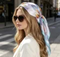 Elegant 90cm satin silk headscarf for women, stylish leaf print hair wrap and fashion hijab. - 90x90cm / Blue Leaf