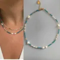 Collana girocollo con perle d'acqua dolce fatte a mano stile boho per donna moda - Blu