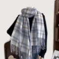 Women winter blue plaid cashmere feel scarf with tassel warm stylish winter fashion accessory - 70-200cm / Gray