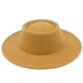 Classic camel wool felt flat top wide brim hat vintage jazz hat for women stylish autumn winter - One Size / Camel