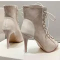 Women stiletto high heels lace up peep toe boots summer open toe sandals beige short boots - 38 / 7CM Heel / Beige