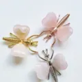 Natural Crystal Butterfly Dragonfly Figurine Rose Quartz Heart Metal Craft Decor Ornament - Gold / Rose Quartz