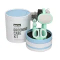 Kit toelettatura per animali domestici con spazzole professionali e forbici in confezione cilindrica. - Verde