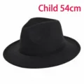 Kids black felt fedora hat classic vintage wool panama cap children flat brim hat size 54cm - Size 53-54 / Black