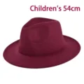 Kids wool fedora hat 54cm vintage jazz cap flat brim children winter warm hat ruby red - Size 53-54 / Burgundy