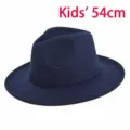 Kids navy blue wool felt jazz fedora hat, children classic winter flat brim cap 54cm - Size 53-54 / Navy Blue