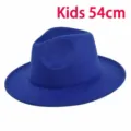 Kids blue felt fedora hat, children classic wool jazz cap, vintage flat brim winter warm - Size 53-54 / Blue