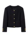 Zwarte tweed jas dames korte ronde hals goud knopen elegante herfst bovenkleding top - S / Tops / Zwart