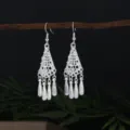 Boho silver-plated long tassel dangle earrings with vintage filigree cutout design, chic ethnic. - E4189-2