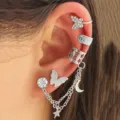 Silver rhinestone butterfly ear cuff set chain star moon non-piercing cartilage clip earrings - Butterfly Star Moon Tassel Style (2175) / Silver
