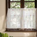 White sheer cafe curtain with delicate floral embroidery and cute tassels for window and cabinet. - Wild Chrysanthemum Embroidery