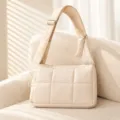 Beige quilted shoulder bag for women, stylish puffer crossbody bag with adjustable strap. - Cloud Khaki