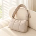 Beige quilted shoulder bag for women, soft puffer cloud handbag with wide strap style. - Cloud Grey
