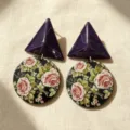Vintage geometric floral drop earrings featuring purple triangle and black rose round pendant. - 2609202 Disc Rose Earrings