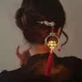 Spilla per capelli cinese Hanfu con lanterna di loto luminosa e nappa rossa pendente. - F0322 Stile Lanterna di Loto