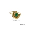 Gold stainless steel green stone open ring with sunburst design, size 15.5mm, weight 1.7g - Green Jade
