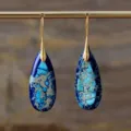 Stunning natural imperial jasper teardrop earrings with gold hooks for vintage elegance. - Blue + Gold Hook