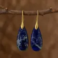 Boucles d'oreilles goutte en pierre naturelle et crochets dorés, élégants bijoux vintage. - Style Crochet Or Pierre Naturelle Bleu Foncé (ER1025-39)