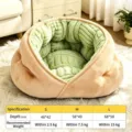 Cozy warm plush pet bed in orange and green frog style, size variant for cats and dogs. - Embrace Nest Green Brown