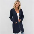 Women Long Cable Knit Cardigan Button Down Sweater Outerwear Fall Winter Casual Coat - Navy Blue