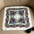 Retro ethnic floral print square scarf, 70cm cotton linen sun protection head scarf shawl. - 70x70cm / Wheat White