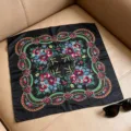 Vintage ethnic floral print square scarf black cotton linen women head scarf shawl - 70x70cm / Wheat Black