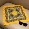 Retro ethnic floral print square scarf 70cm satin silk scarf sun protection headwear yellow - 70x70cm / Yellow Wheat Spike