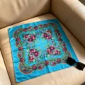 Vintage ethnic floral print square scarf 70cm silk feel sun protection head wrap. - 70x70cm / Wheat Blue
