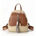 Stylish two-tone women backpack with cute rabbit pendant casual daypack for daily commute - Khaki