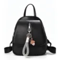 Black leather women backpack with cute bunny pendant, stylish casual daypack for daily commute. - Black