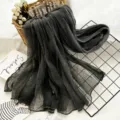 Dark grey pleated long scarf, versatile casual lightweight silk scarf for women daily wear. - Black