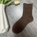 Brown ruffled mid-calf knitted socks for women, vintage style comfortable daily wear autumn winter. - Pure Coffee