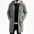 Men's hooded knitted cardigan sweater, casual long knit coat with practical pockets for daily wear. - M / Gray