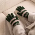 Grün rosa gestreifte Strickhandschuhe, gemütliche warme Touchscreen Handschuhe für Damen. - Einheitsgröße / Gestreifte Handschuhe Grün Khaki