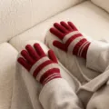 Warme Damen Strickhandschuhe für den Winter, rot-beige gestreifte Touchscreen-Handschuhe. - Einheitsgröße / Gestreifte Handschuhe Rot Khaki