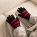 Damen Winter warme Strick Touchscreen Handschuhe schwarz rot gestreift thermische Handschuhe - Einheitsgröße / Gestreifte Handschuhe Schwarz Rot