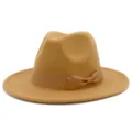 Klassischer Wolle Fedora Hut mit Schleife, Kamelweites Krempe Jazz Hut Damen und Herren - Einheitsgröße / Camel