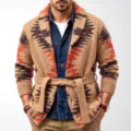 Herren Retro geometrische Jacquard Strickjacke mittellang dicker Pullover Mantel Detail - M / Oberteile / Khaki