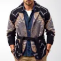 Men's vintage geometric knit cardigan sweater, thick long sleeve outerwear with belt. - M / Tops / Black