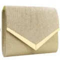 Gold glitter envelope clutch bag featuring a sleek V-shaped metal flap for evening events. - Gold