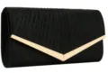 Elegant black evening envelope clutch bag with gold V-shaped metal accent for women - Black
