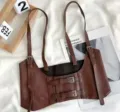 Femme marron faux cuir corset ceinture style punk bretelles reglables serre taille - Café