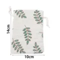 Detailed view of the linen drawstring pouch featuring a green leaf botanical print design. - 10x14cm / Green Leaf