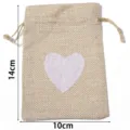 Linen jute drawstring gift pouch with white heart print detail, rustic storage bag. - 10x14cm / Beige-Gray Heart