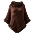 Brown knitted cape detail, fluffy faux fur collar and hem, cozy winter texture closeup. - 80cm / Tops / Coffee