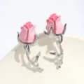 Charming pink rosebud earrings with silver thorn stem design, elegant and unique fashion jewelry. - Pink 3D Rose Style / Rose