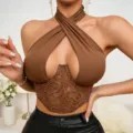 Brown halter neck cross strap lace patchwork backless sexy crop top for women club - S / Tops / Brown