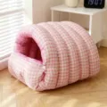 Pink plaid warm enclosed pet bed plush thick cave cat house soft small dog sleeping bag - Pink Plaid (Random Shade)