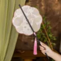 Traditional Chinese style hand fan with bamboo handle and pink tassel, elegant hanfu prop. - 8-Petal Oriole Butterfly-Pink Waist Fan (Bamboo Edge)